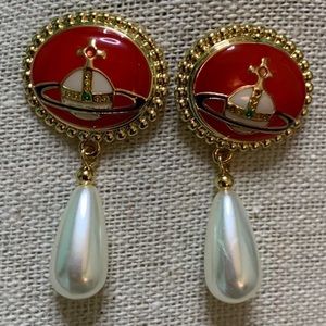 Vivienne Westwood gold tone & Red enamel pearl drop earrings